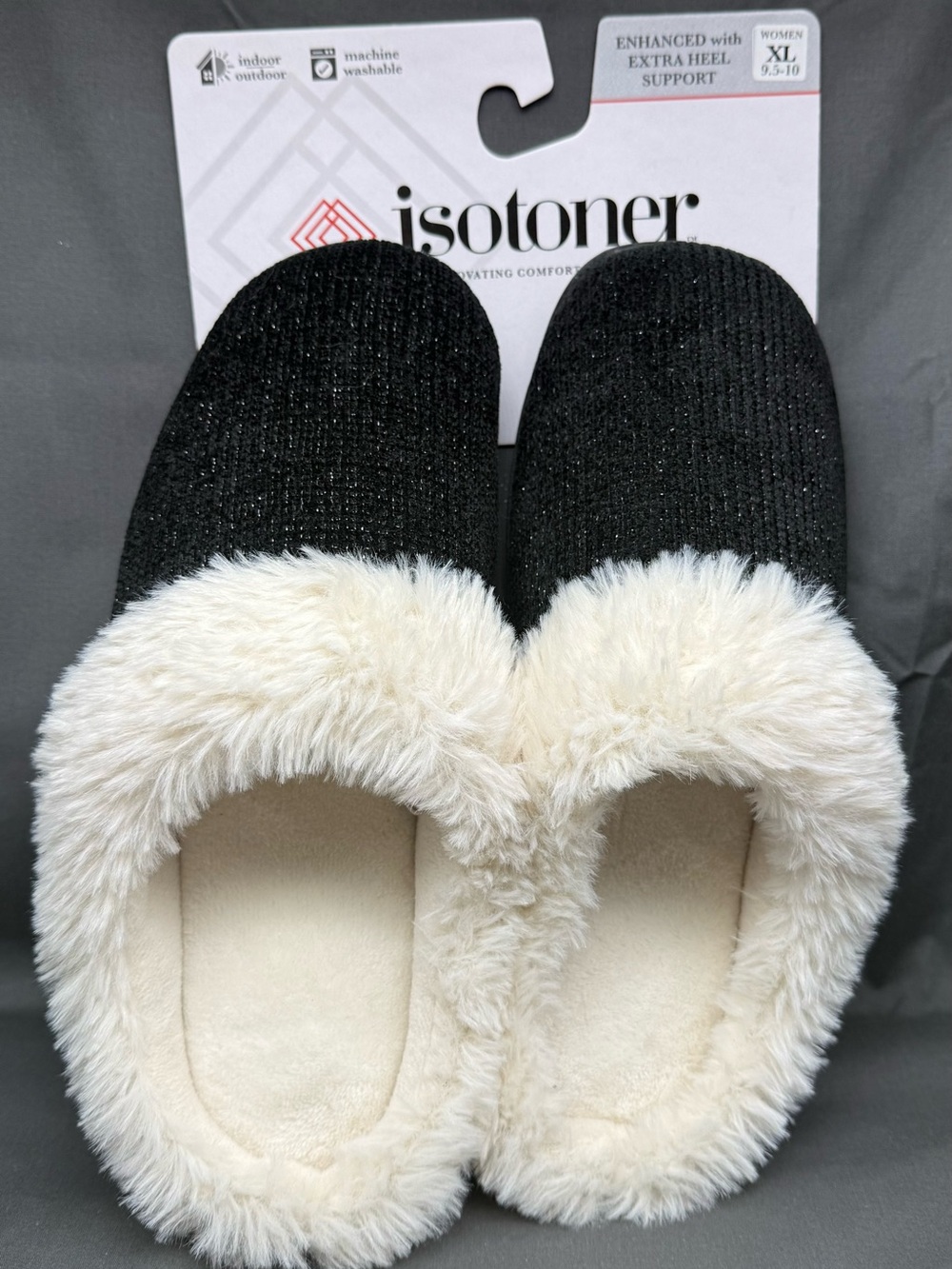 Isotoner slippers with slip guard and black and white with faux fur, 9.5/10 W’s